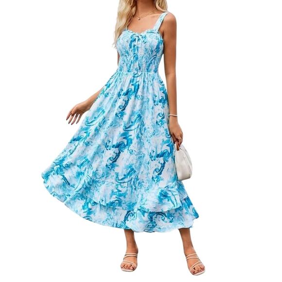 Grace Karin Womens Large Blue White Sleeveless Floral Spaghetti Strap Maxi Dress - Picture 11 of 11